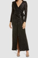 Eliza J Women Black Sequin Wrap Front Long Sleeve Gown Size 0