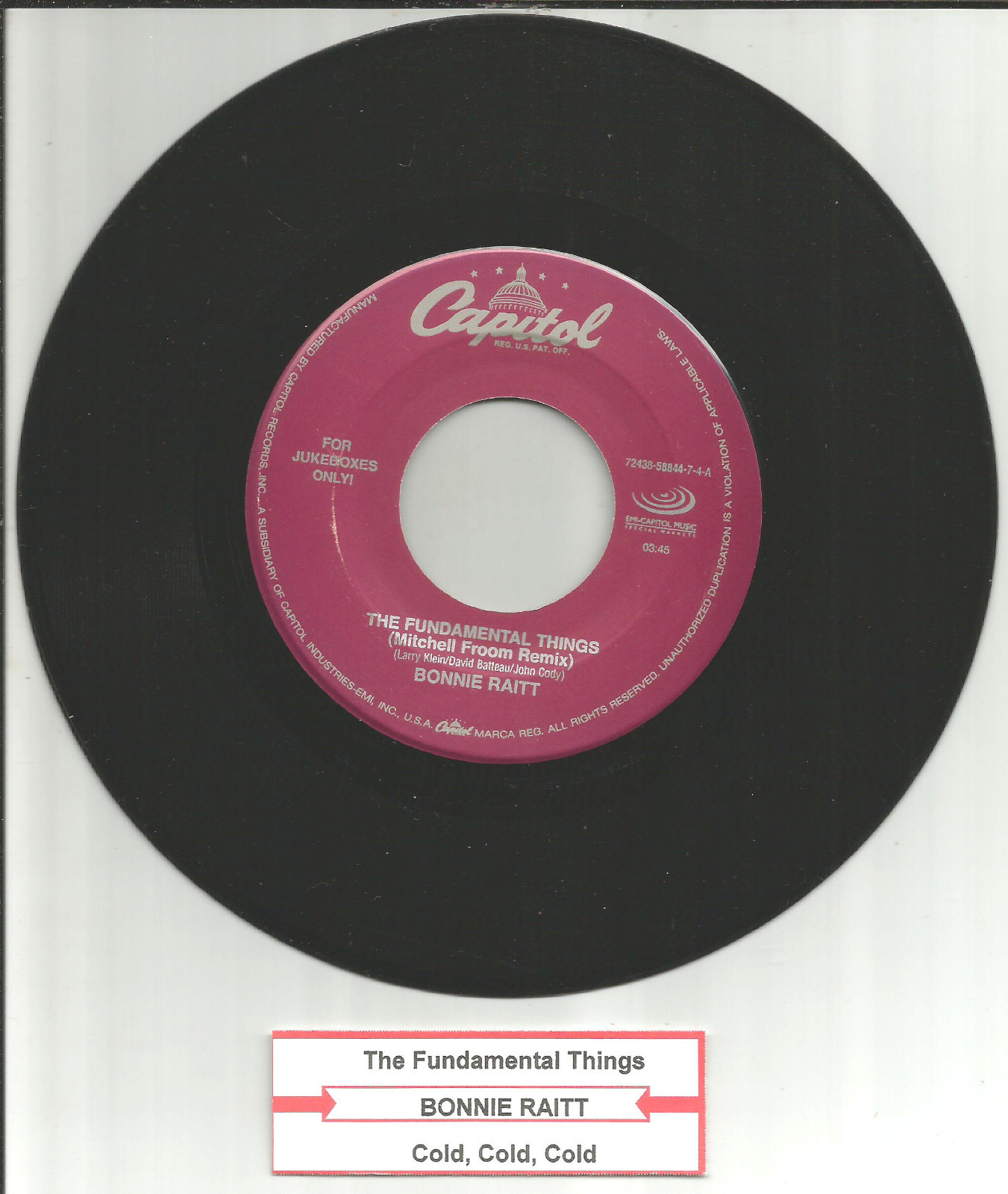 BONNIE RAITT Fundamental things REMIX w/UNRELEASED TRK JUKEBOX ONLY 7 INCH Vinyl