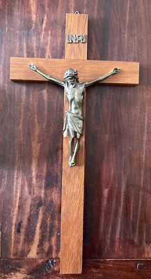 Vintage Mid Century Large Oak Crucifix; Brass Corpus; 16 x8 
