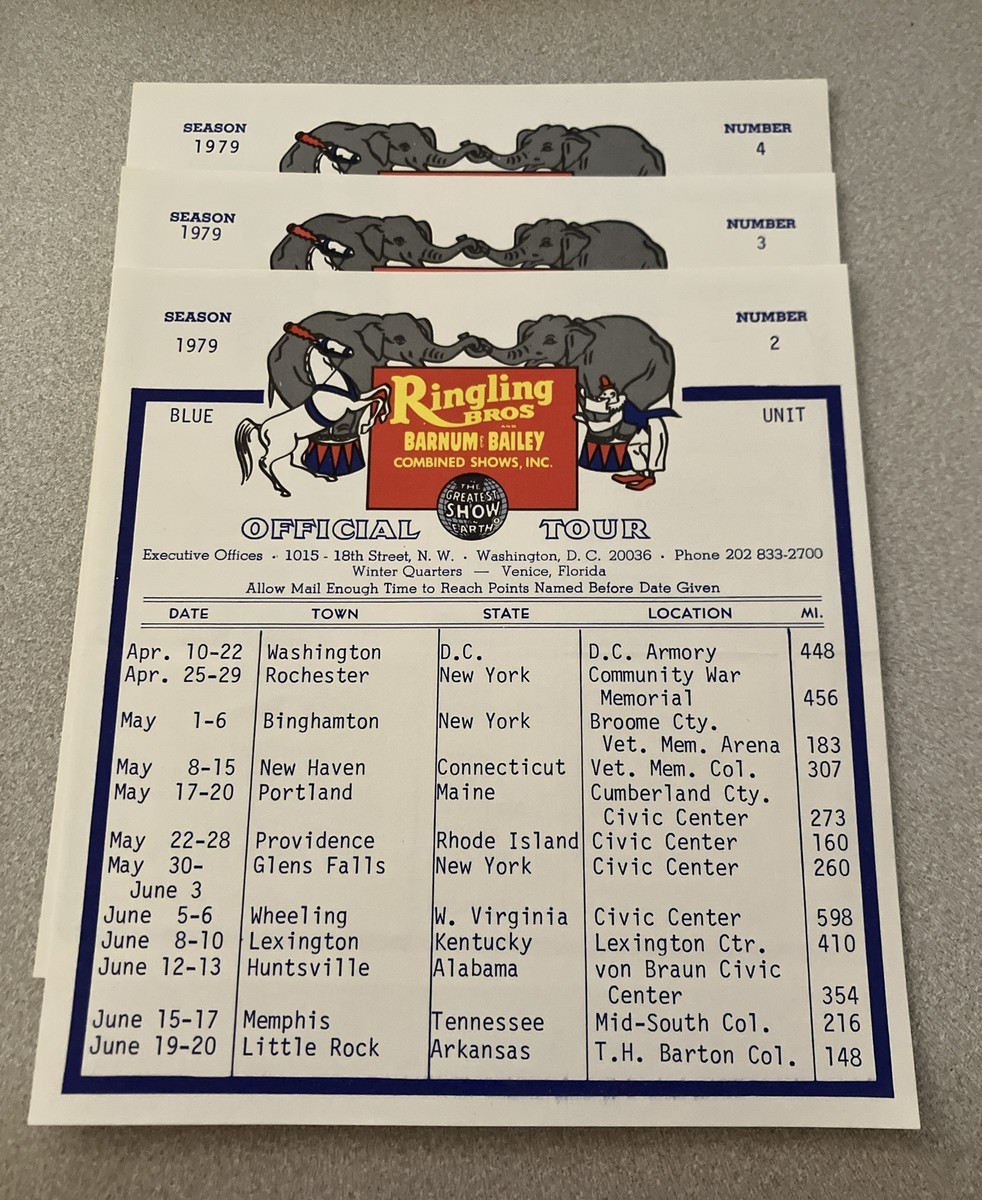 1979 Ringling Bros And Barnum & Bailey Circus Route Cards Blue 2,3
