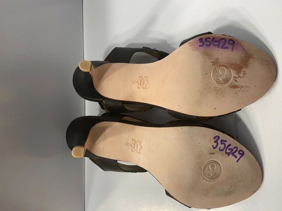 Tacones CYNTHIA VINCENT de cuero negro con tiras de 4 pulgadas talla 9 Foto 2 de 4