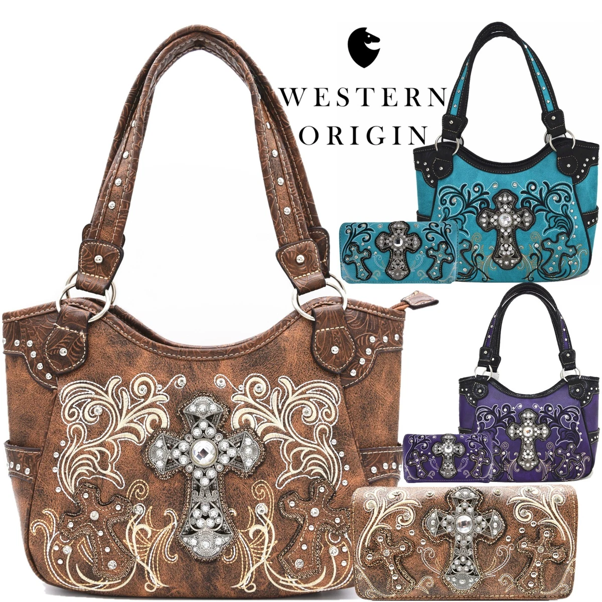 Western Style Rhinestone Cross Totes Women Concealed Carry Purse Bag Wallet Set
