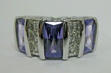 Sterling Silver Ring Purple Clear Cubic Zirconia Rectangle Round Cuts Size 7