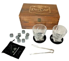 DeeCoo Whiskey Glass Gift Set with Wooden Box. Stones, Tongs & Coasters
