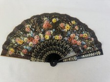 FANCY BLACK FOLDING HAND FAN - PINK  BLUE PAINTED FLOWERS VINTAGE Fast Ship