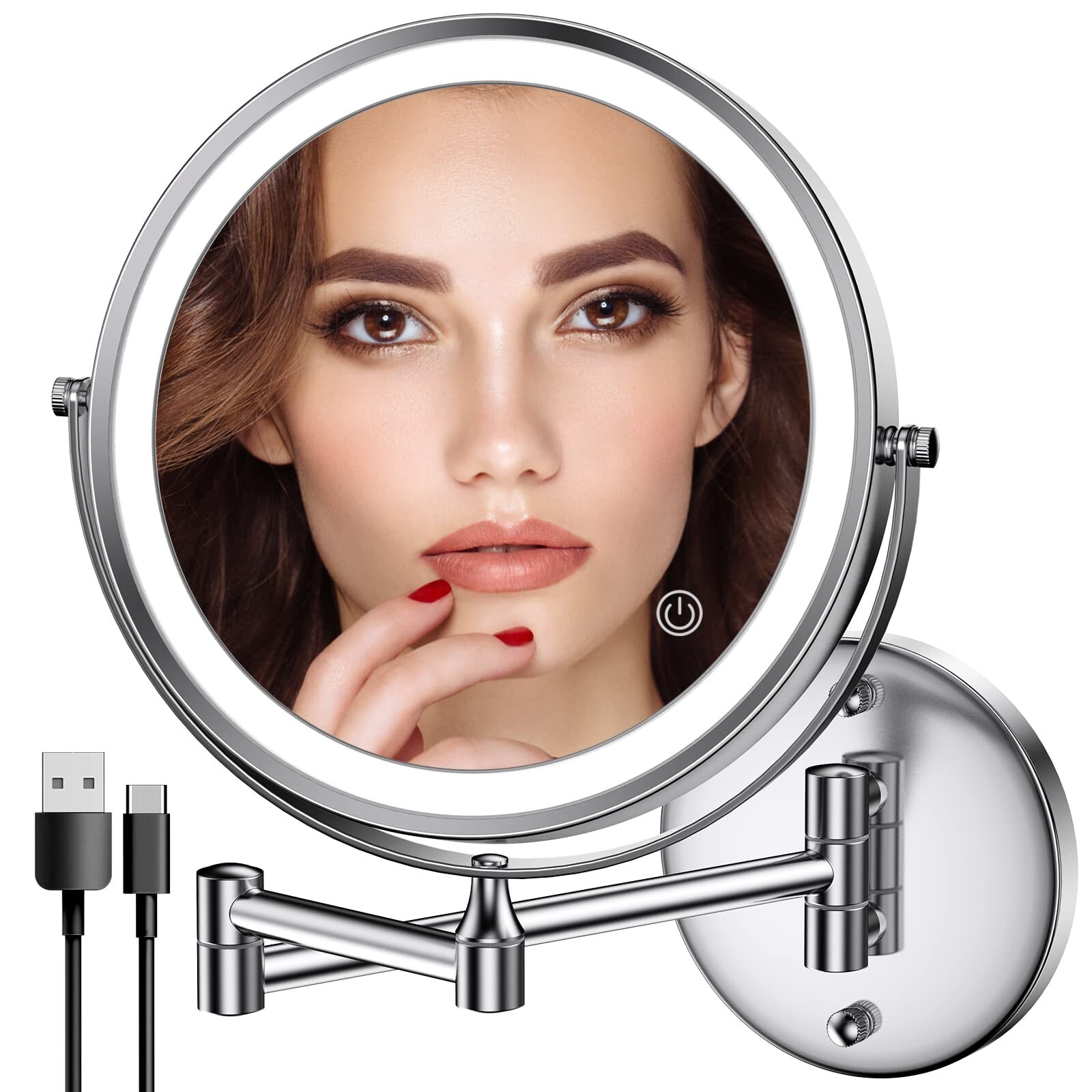8 Inch Rechargeable Wall Mounted Lighted Makeup Mirror with Dual-Sided Chrome Frame