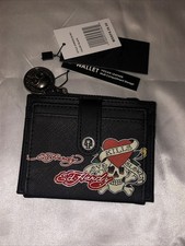 Ed Hardy Black Faux Leather Card Wallet Love Kills Slowly Skull Heart Tattoo NWT
