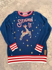Tipsy Elves Sleighin' It Ugly Christmas Sweater Sequin Reindeer Navy Women's M