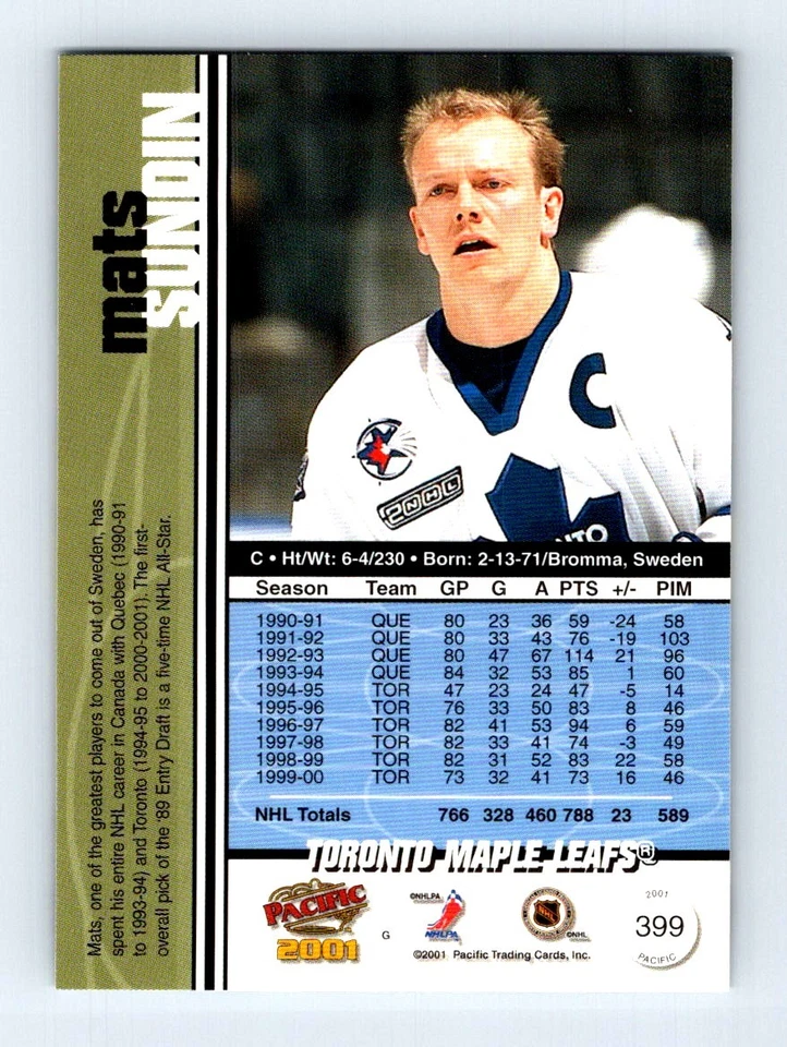 #399 2000-01 Pacific { Mats Sundin Toronto Maple Leafs - Image 2 of 2