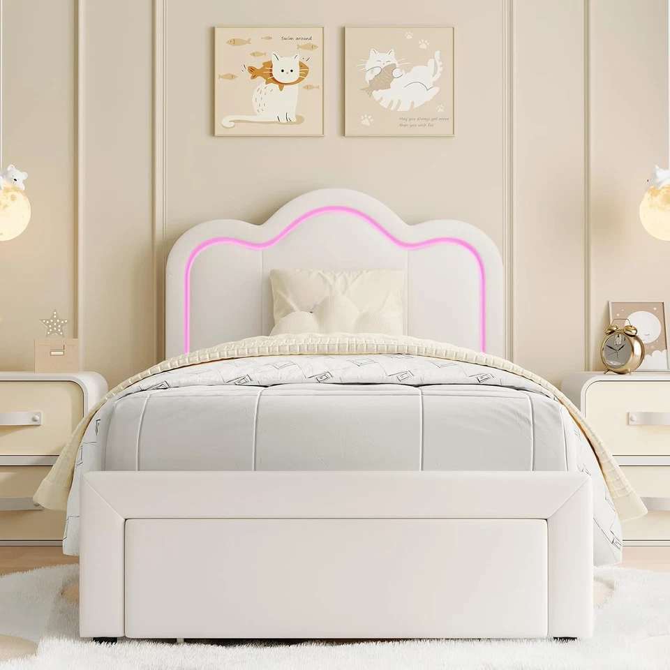 39*78.7*46" Twin Upholstered Bed Frame Adjustable Bear Headboard Kids Bed Beige - Image 4 of 4
