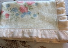 Vintage Baby Chatham Baby Blanket W/ Satiny Trim Pink Blue Flowers 45x35.5