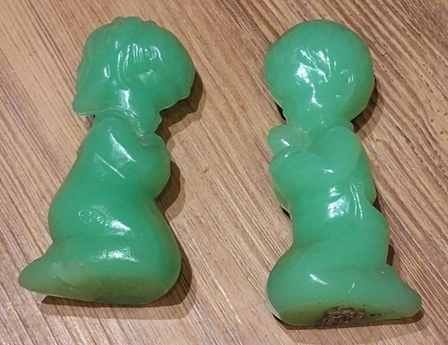 Fenton Green Praying Boy and Girl Satin Glass Figurines
