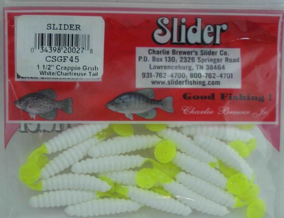 Charlie Brewer CSGF45 Crappie Slider Grub 1.5" Color Blanco Chartreuse Cola 15CT Foto 2 de 2