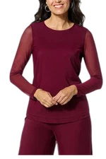 Nina Leonard Women's Long Sleeve Power Mesh Top Deep Wine