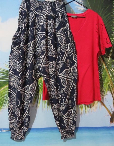 BOHO CAROLINE MORGAN BLUE & WHITE HAREM PANTS & JACQUI E RED  TUNIC  16