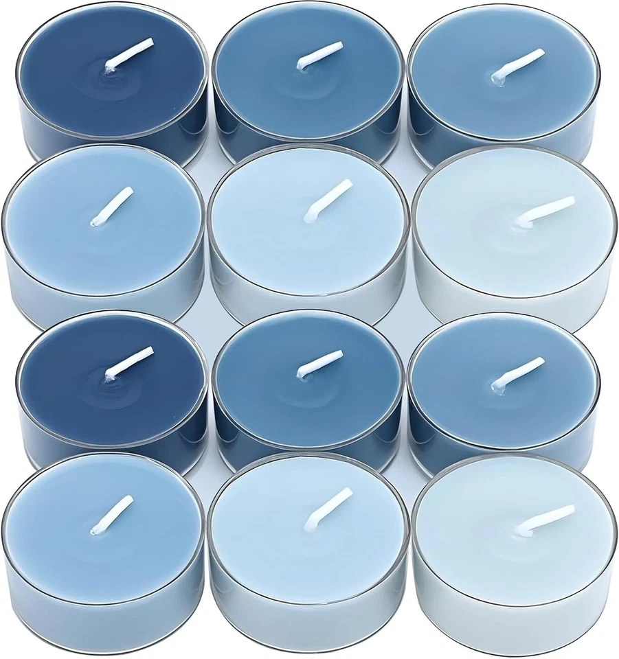12 velas de luz de té redondas azules - aromas calmantes para el hogar y ocasiones especiales Foto 3 de 4