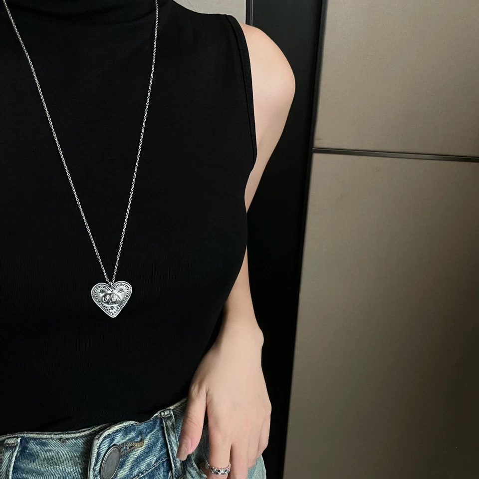 Collar llamativo vintage boho colgante corazón elefante plata S925 hecho a mano tailandés Foto 3 de 4