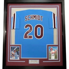FRAMED Autographed/Signed MIKE SCHMIDT 33x42 Philadelphia Blue Jersey JSA COA