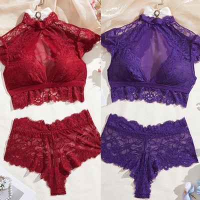 Women Sexy Lace Lingerie Short Sleeve Tops with Panty Underwear Sleepwear  Nighty | eBay