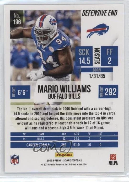 2015 Score Artist's Proof /35 Mario Williams #196 - Image 2 of 2