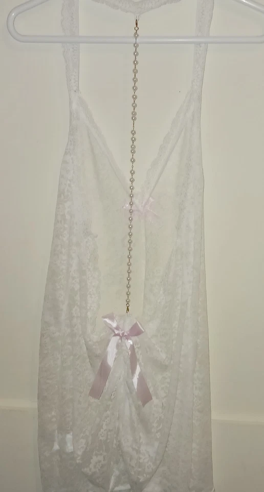 WHITE LACE PEARL BACK NEGLIGEE PINK BOW WOMEN SIZE 2XL - Image 2 of 3