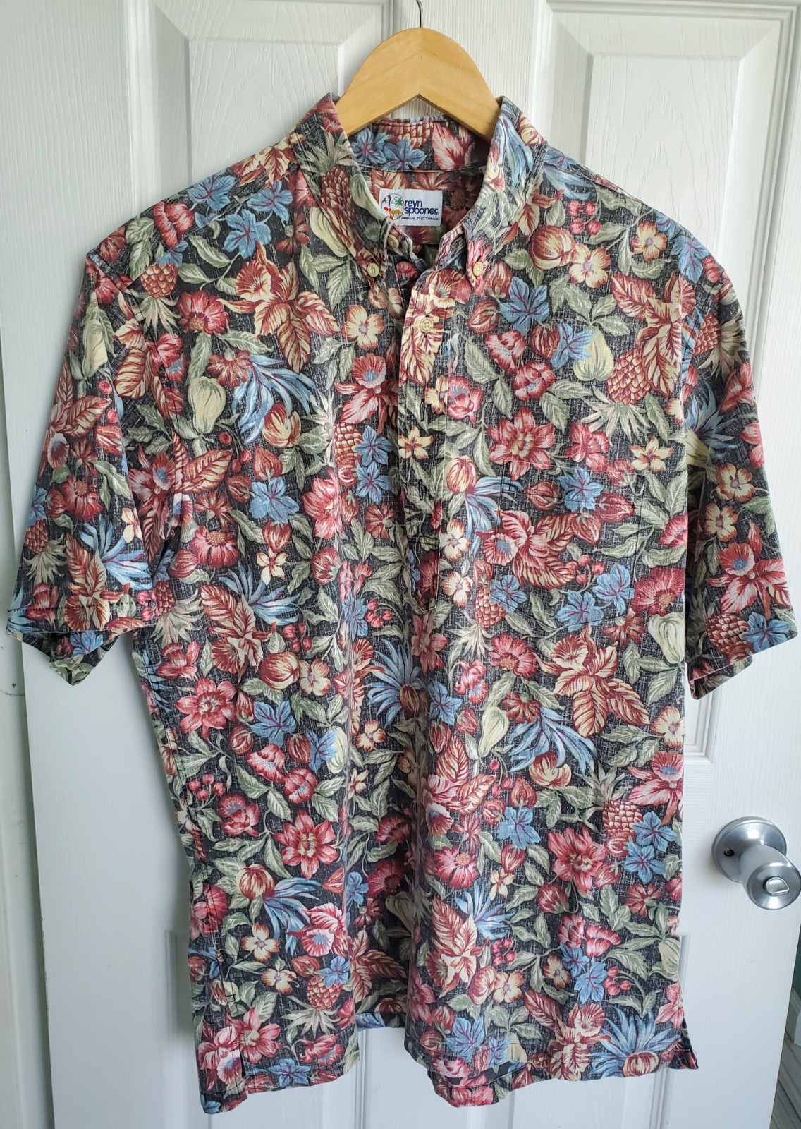 Hawaiian REYN SPOONER 4 Button Popover Reverse Print Vintage Men's Shirt Size L