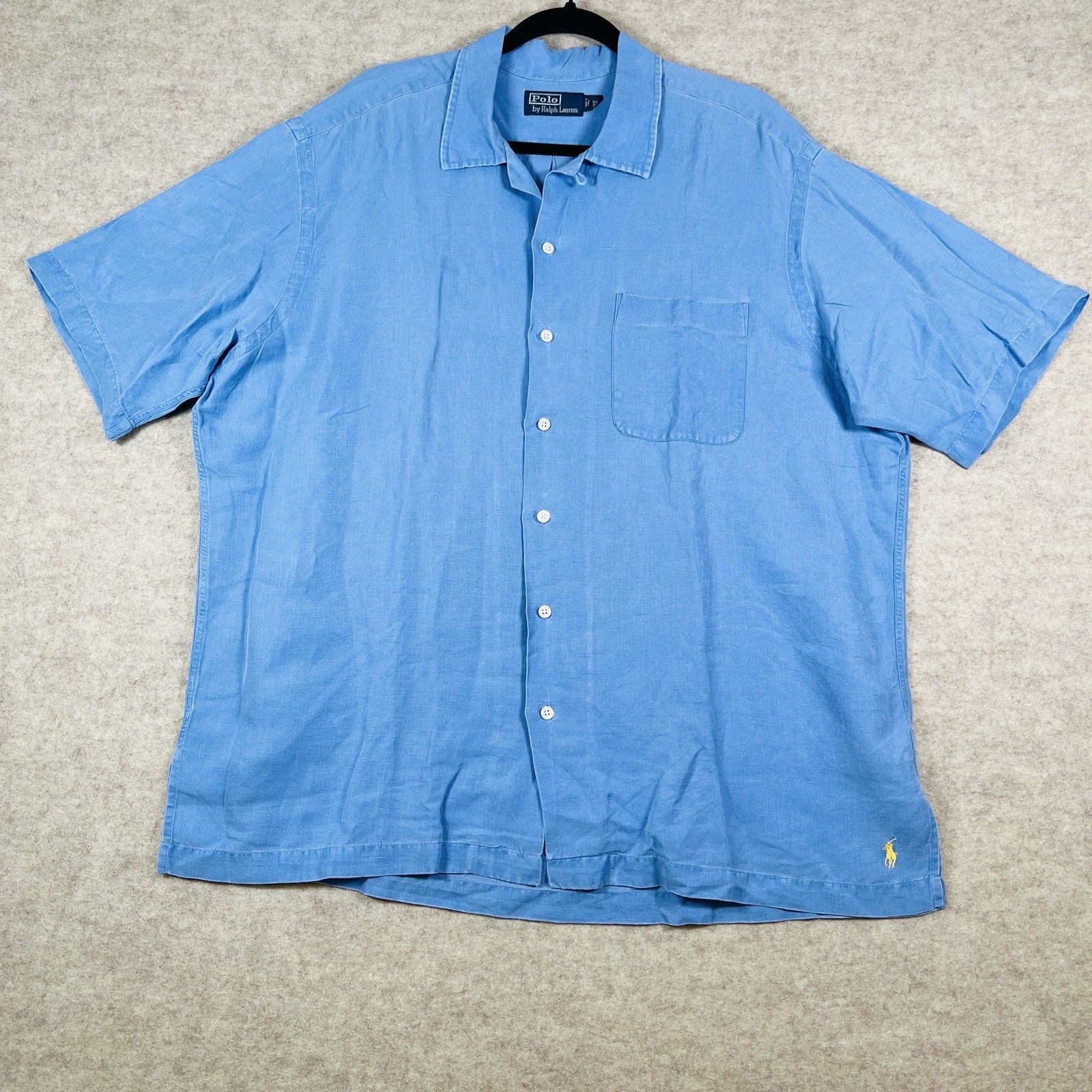 Vintage Polo Ralph Lauren Linen Silk Button Shirt Short Sleeve Blue Mens XL