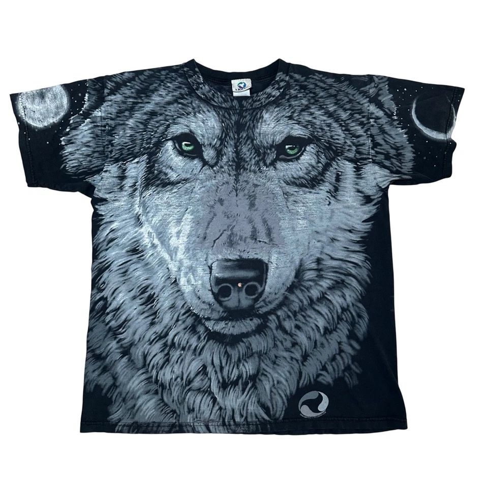 Vintage Liquid Blue AOP 1996 Wolf Nature All Over Print Moonlight Shirt Mens - Image 2 of 4