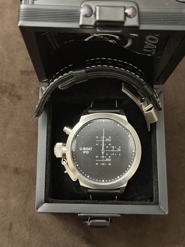 U-BOAT IFO Men's Quartz Chronograph Watch Black Dial Silver Case Leather Strap