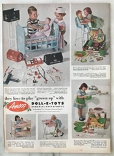 1952 magazine ad for Amsco Doll-E-Toys - Nurse/Doctor, Doll furniture, dishwash