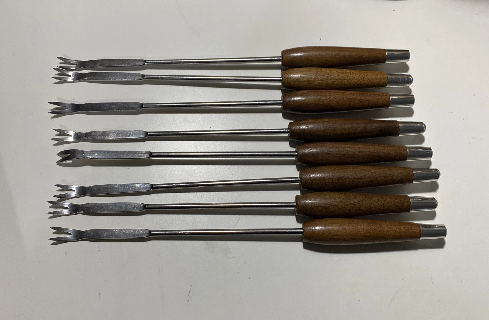 Set 8 Mid Century Modern Steel & Wood Fondue Forks
