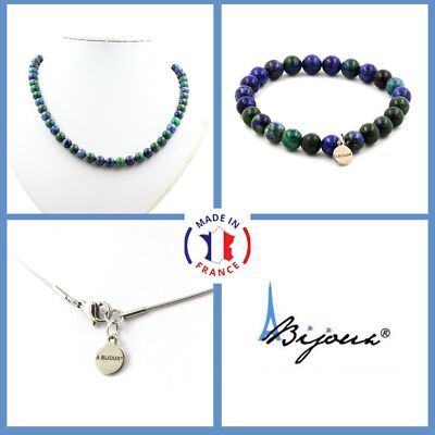 Collier 2 Perles Azurite Chrysocolle 8mm - Chaîne Acier, Neuf Avec étiquettes
