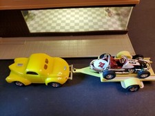 YELLOW MODEL MOTORING WILLY'S AND A HOT WHEELS SPRINT CAR, HO SLOT CAR 2 OF 3 