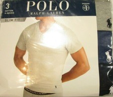 Polo Ralph Lauren Men's Gray Blue Navy Slim Fit V-Neck Wicking T-Shirt 3 Pack
