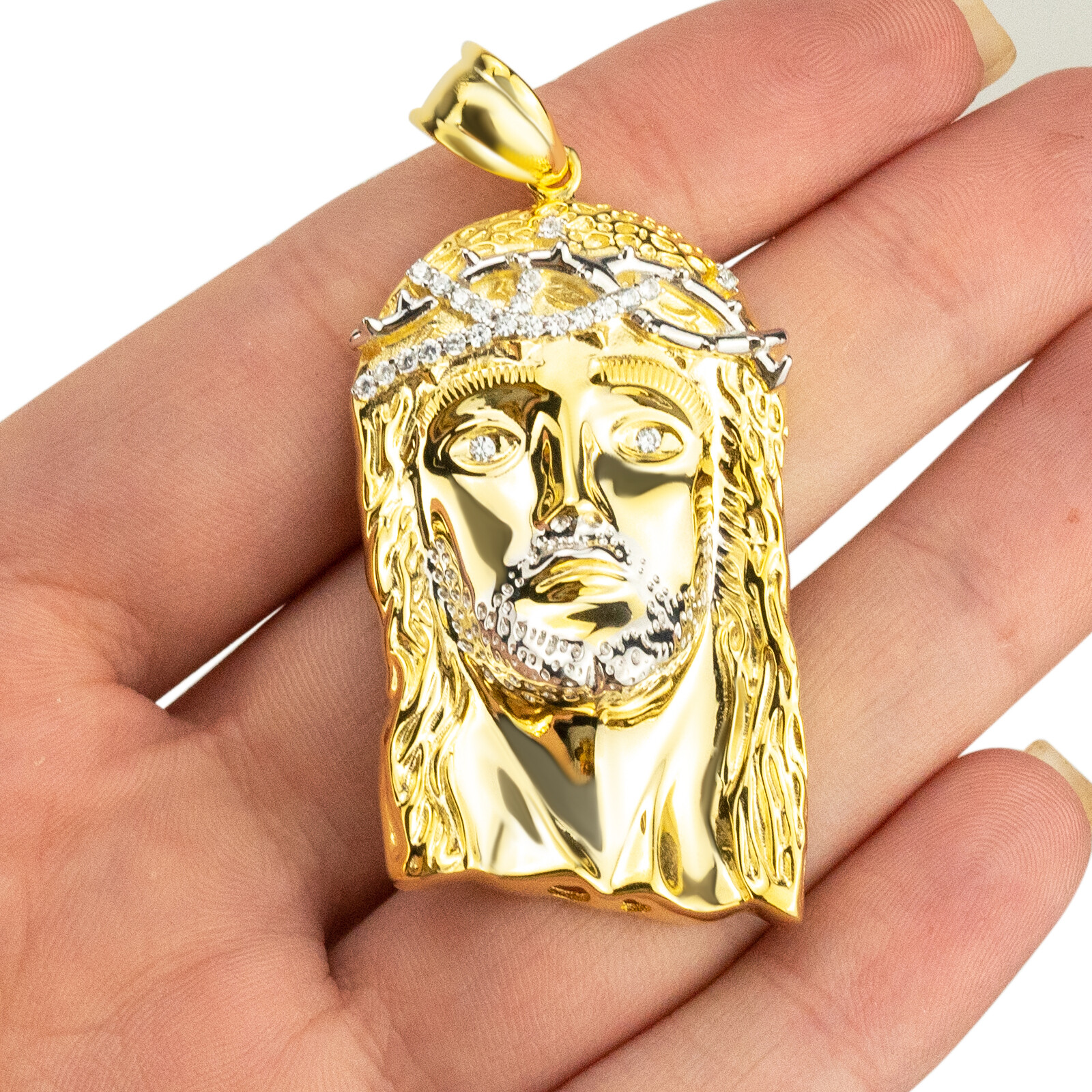 14k Gold Plated Solid 925 Sterling Silver Jesus Piece Pendant Iced CZ ...