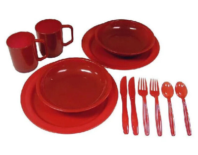 Coleman 2 Person Dinner Set 2 Plates, 2 Bowls, 2 Mugs, 3 piece utensil sets Red