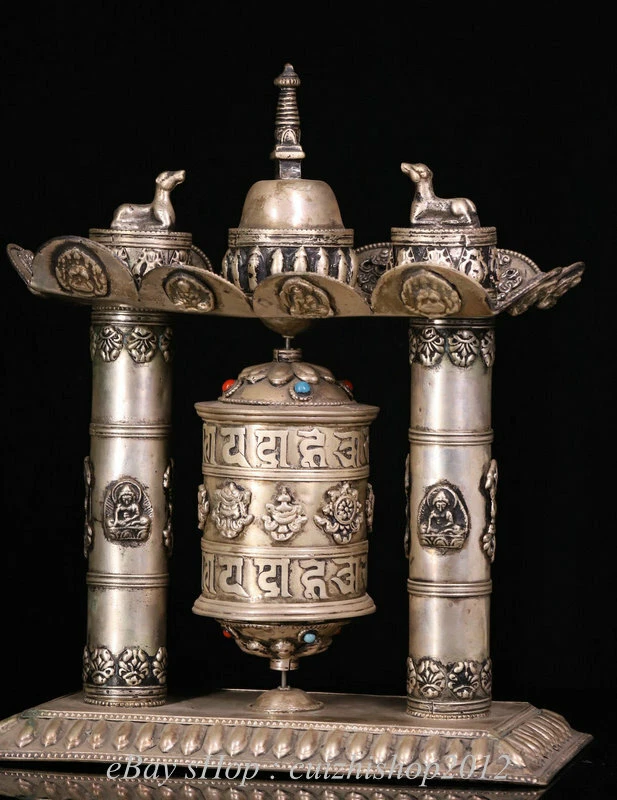 10-дюймовая старая тибетская серебряная статуэтка Будды Шакьямуни с 8 благоприятными символами молитвенное колесо - Изображение 2 из 4