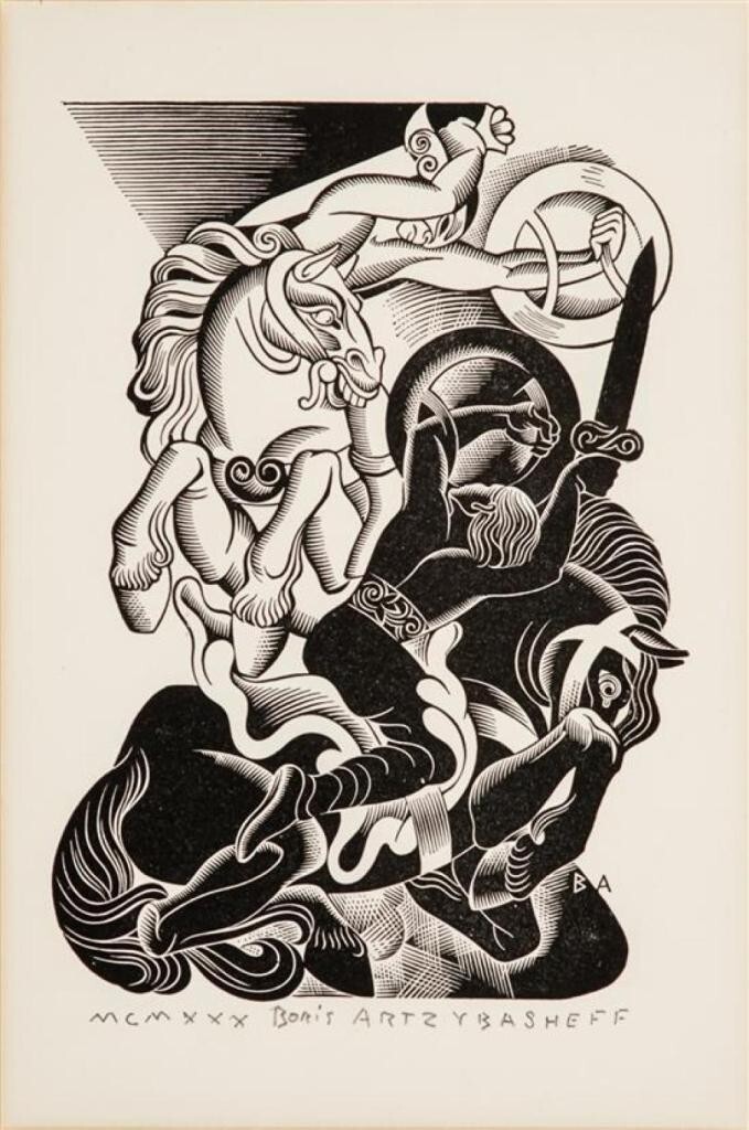 Battle Boris Artzybasheff Surreal War Scene Wood Engraving Style