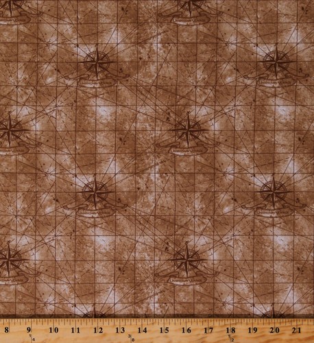 Cotton Nautical Map Lines Compass Travel Unknown Voyage Fabric Print BTY D461.29 - 第 1/1 張圖片