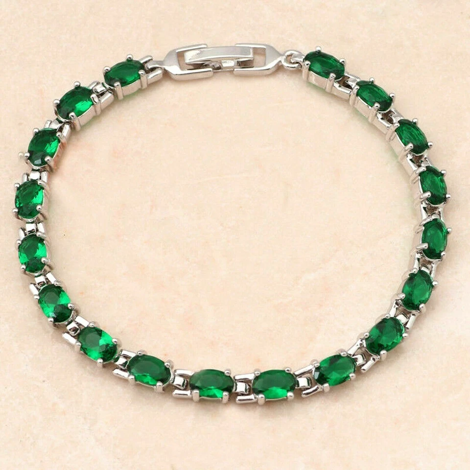 14K Weiß Vergoldet Messing Oval 5 Karat Simulierte Smaragd Tennis Link Armband - Bild 3 von 4