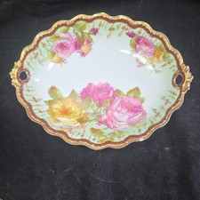 ANTIQUE L S S LIMOGES HAND PAINTED ROSES HEAVY GILT TRIM OVAL 7 1/2" BOWL