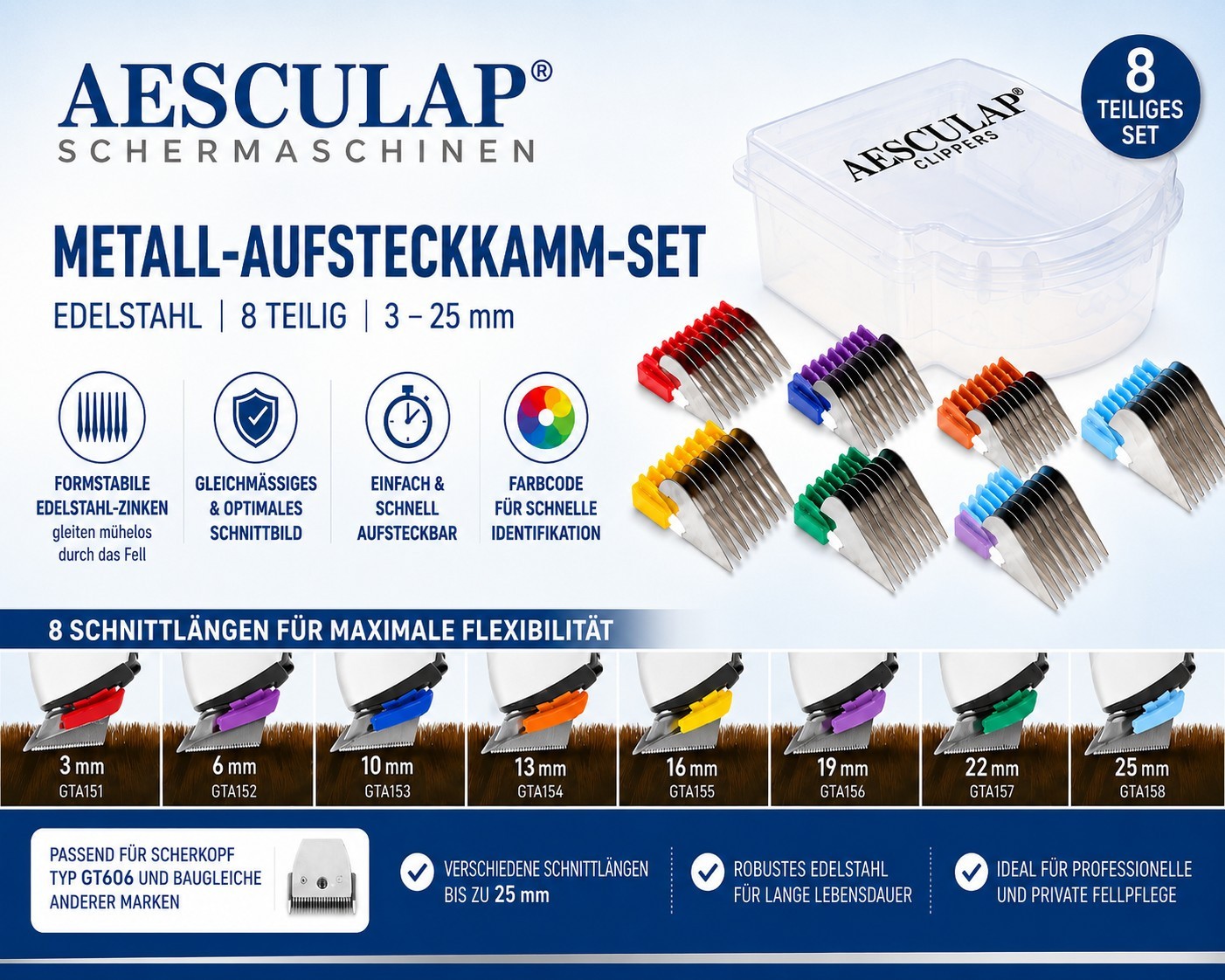 Aesculap Moser 1400 Hair Clipper Stainless Guide Comb Set 3 mm-25 mm - Image 2