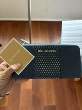 Blue Michael Kors Studded Zip-Around Leather Wallet