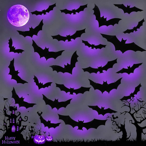 LED Fledermaus Deko 24 StüCk 3D Leuchtende Wanddeko FüR Halloween Party-image