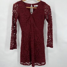 Cranberry Lace Floral Long Sleeve V-Neck Mini Dress Junior XS Whimsigoth Fairy