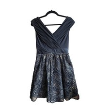 Adrianna Papell Size 8 Black Pleated Faux Wrap Organza Dress