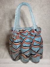 Hand Blown Art Glass Basket Murano Style Aqua Blue Black Rust Swirl Handle