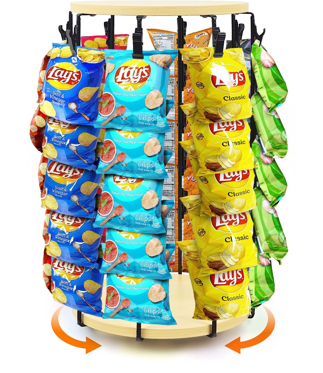 Chip Rack Display Stand, 5 Tier 40 Clips Snack Organizer with Rotating Wooden...