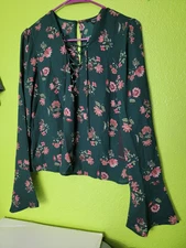 Forever Twenty One 21 Womens Blouse Woven Top Hunter Green Floral Flowers NWT