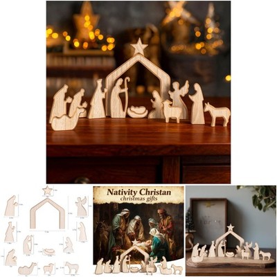 13 Piece Wooden Christmas Nativity Scene Miniature Holy Family Figurines Indoor
